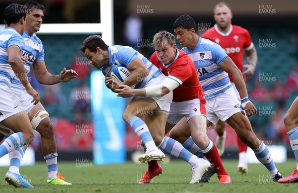 170721 - Wales v Argentina - Summer International Series - Nicolas Sanchez of Argentina is tackled by Nick Tompkins of Wales
