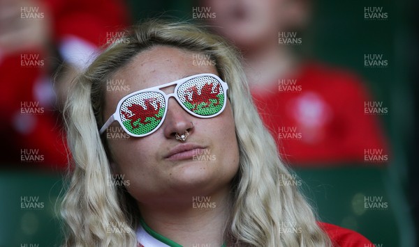 170721 - Argentina v Wales, Summer International Series, Second Test - A Wales fan sports patriotic sunglasses as she waits for the start of the match