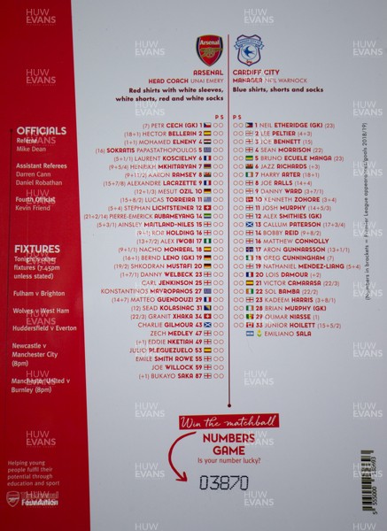 290119 -  Arsenal v Cardiff City, Premier League - Emiliano Sala's name is added to the Cardiff City squad on the official match day programme 