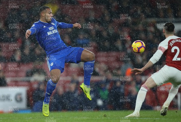 290119 -  Arsenal v Cardiff City, Premier League - Kenneth Zohore of Cardiff City and Carl Jenkinson of Arsenal compete for the ball