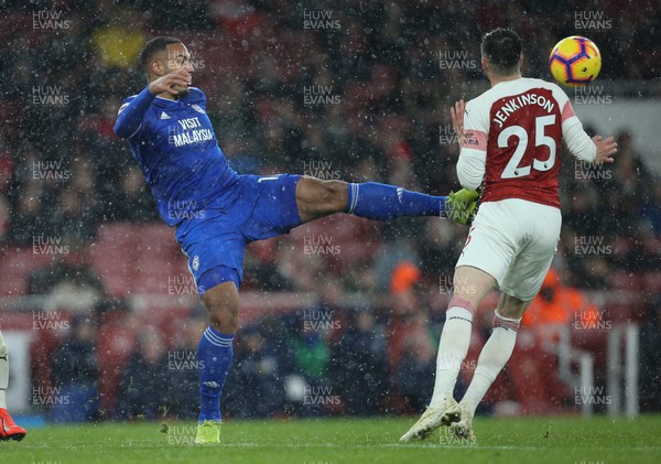 290119 -  Arsenal v Cardiff City, Premier League - Kenneth Zohore of Cardiff City and Carl Jenkinson of Arsenal compete for the ball