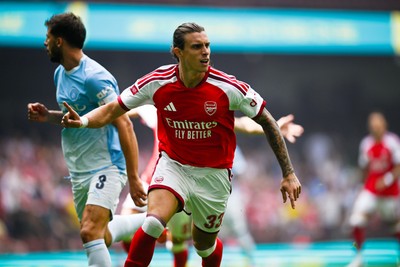 160826 - Arsenal v Manchester City - FA Community Shield - Riccardo Calafiori of Arsenal celebrates scoring a goal