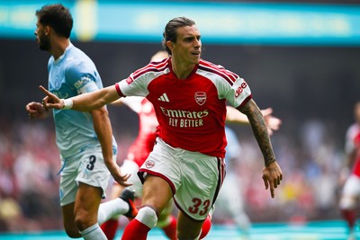 160826 - Arsenal v Manchester City - FA Community Shield - Riccardo Calafiori of Arsenal celebrates scoring a goal