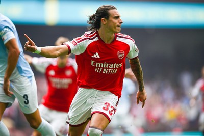 160826 - Arsenal v Manchester City - FA Community Shield - Riccardo Calafiori of Arsenal celebrates scoring a goal