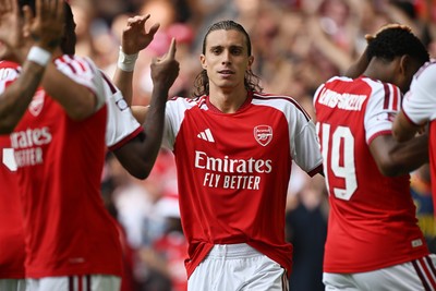 160826 - Arsenal v Manchester City - FA Community Shield - Riccardo Calafiori of Arsenal celebrates scoring a goal