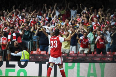 160826 - Arsenal v Manchester City - FA Community Shield - Riccardo Calafiori of Arsenal celebrates scoring a goal
