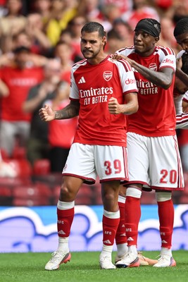 160826 - Arsenal v Manchester City - FA Community Shield - Bruno Guimaraes of Arsenal celebrates with team mates after Kai Havertz of Arsenal scores a goal