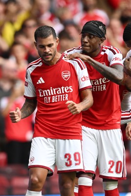 160826 - Arsenal v Manchester City - FA Community Shield - Bruno Guimaraes of Arsenal celebrates with team mates after Kai Havertz of Arsenal scores a goal