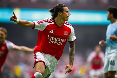 160826 - Arsenal v Manchester City - FA Community Shield - Riccardo Calafiori of Arsenal celebrates scoring a goal