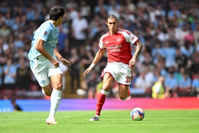 160826 - Arsenal v Manchester City - FA Community Shield - Riccardo Calafiori of Arsenal is challenged by  Mateo Kovacic of Manchester City