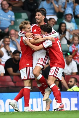 160826 - Arsenal v Manchester City - FA Community Shield - Martin Odegaard of Arsenal celebrates scoring a goal with team mates