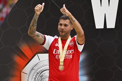 160826 - Arsenal v Manchester City - FA Community Shield - Bruno Guimaraes of Arsenal celebrates at full time