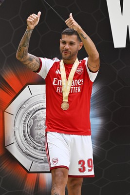160826 - Arsenal v Manchester City - FA Community Shield - Bruno Guimaraes of Arsenal celebrates at full time