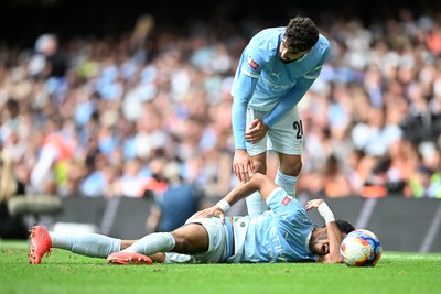 160826 - Arsenal v Manchester City - FA Community Shield - Omar Marmoush of Manchester City goes down injured