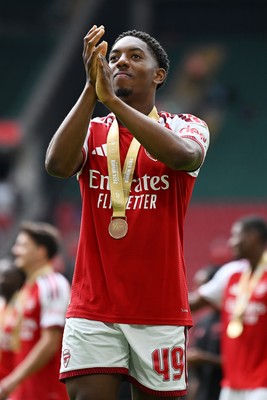 160826 - Arsenal v Manchester City - FA Community Shield - Myles Lewis-Skelly of Arsenal celebrates at full time