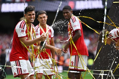 160826 - Arsenal v Manchester City - FA Community Shield - Piero Hincapie of Arsenal celebrates at full time
