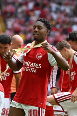 160826 - Arsenal v Manchester City - FA Community Shield - Myles Lewis-Skelly of Arsenal celebrates at full time