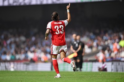 160826 - Arsenal v Manchester City - FA Community Shield - Riccardo Calafiori of Arsenal celebrates scoring a goal