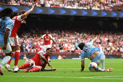 160826 - Arsenal v Manchester City - FA Community Shield - Abdukodir Khusanov of Manchester City is tackled by Gabriel of Arsenal