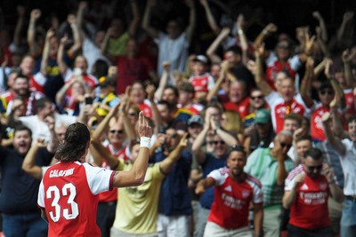 160826 - Arsenal v Manchester City - FA Community Shield - Riccardo Calafiori of Arsenal celebrates scoring a goal
