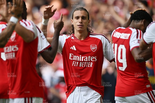 160826 - Arsenal v Manchester City - FA Community Shield - Riccardo Calafiori of Arsenal celebrates scoring a goal