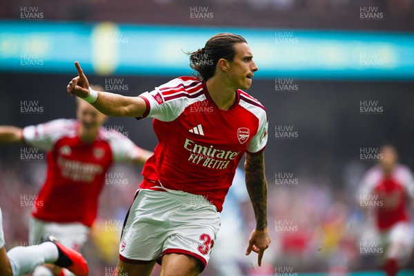 160826 - Arsenal v Manchester City - FA Community Shield - Riccardo Calafiori of Arsenal celebrates scoring a goal