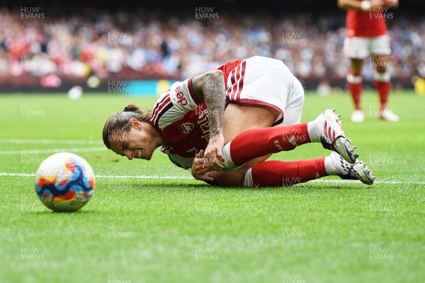160826 - Arsenal v Manchester City - FA Community Shield - Riccardo Calafiori of Arsenal is tackled by Abdukodir Khusanov of Manchester City