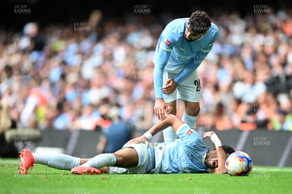 160826 - Arsenal v Manchester City - FA Community Shield - Omar Marmoush of Manchester City goes down injured