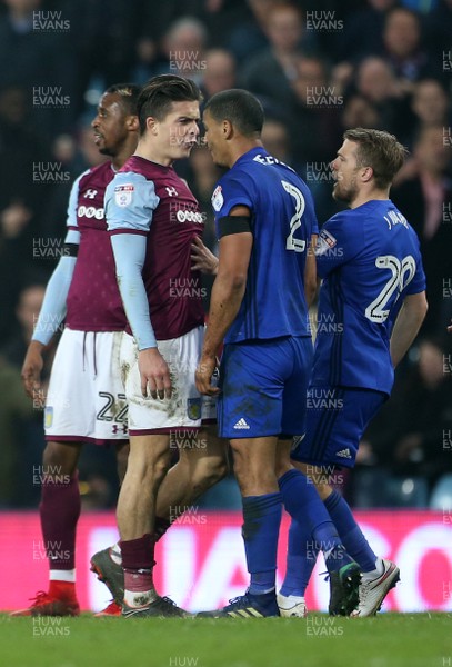 100418 - Aston Villa v Cardiff City - SkyBet Championship - Tempers fly between Jack Grealish of Aston Villa and Lee Peltier of Cardiff City