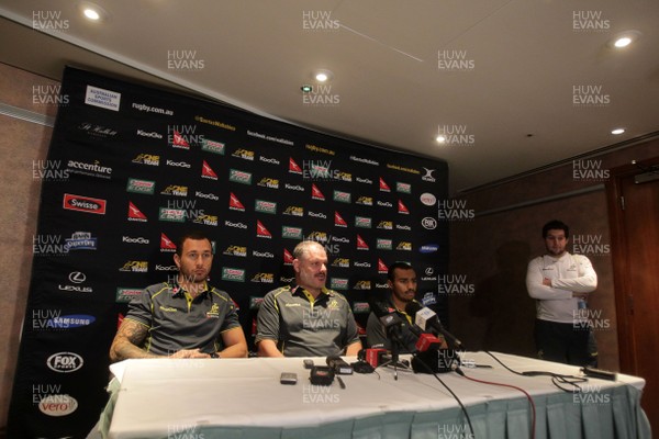 281113 - Australia Rugby Team Announcement - Quade Cooper, Head Coach Ewen McKenzie and Will Genia 