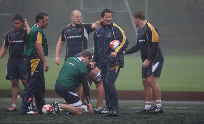 04.11.10..Australia Rugby Training session, University Playing Field, Treforest-  Australia's head coach Robbie Deans during a wet training session at Treforest near Cardiff 