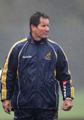 04.11.10..Australia Rugby Training session, University Playing Field, Treforest-  Australia's head coach Robbie Deans during a wet training session at Treforest near Cardiff 