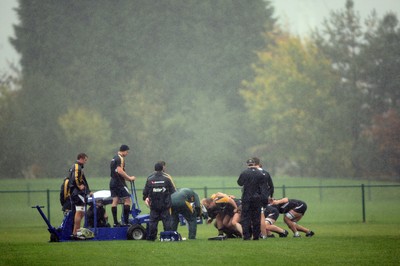 04.11.10..Australia Rugby Training session, University Playing Field, Treforest-  Australia take the opportunity to use the scrummaging machine during a wet training session at Treforest near Cardiff 