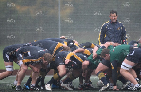 04.11.10..Australia Rugby Training session, University Playing Field, Treforest-  Australia's head coach Robbie Deans during a wet training session at Treforest near Cardiff 