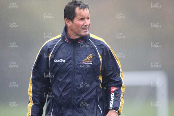 04.11.10..Australia Rugby Training session, University Playing Field, Treforest-  Australia's head coach Robbie Deans during a wet training session at Treforest near Cardiff 