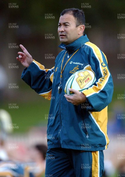 100603 - Australia Rugby Training - Australia's rugby coach Eddie Jones directs his team during training at the North Sydney Oval ahead of the test against Wales on Saturday