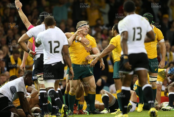 230915 - Australia v Fiji, Rugby World Cup 2015 - David Pocock of Australia celebrates after scoring try