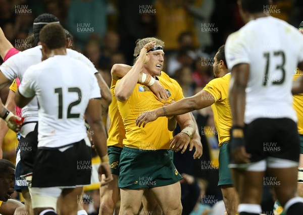 230915 - Australia v Fiji, Rugby World Cup 2015 - David Pocock of Australia celebrates after scoring try