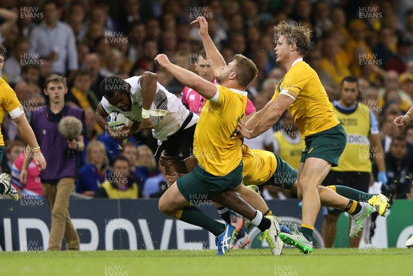 230915 - Australia v Fiji, Rugby World Cup 2015 - James Slipper of Australia feels the impact as he clashes with Peceli Yato of Fiji