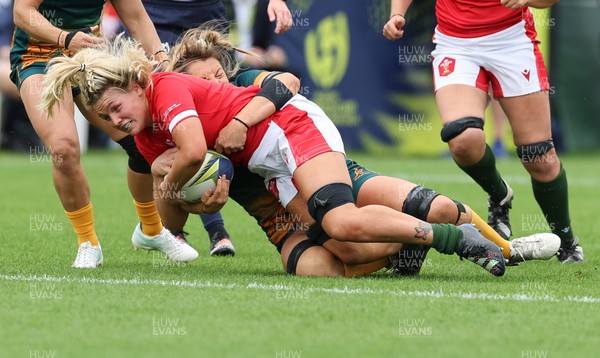 221022 - Australia v Wales, Women’s Rugby World Cup, Pool A - Alex Callender of Wales is tackled by Grace Hamilton of Australia