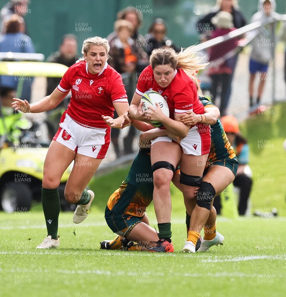 221022 - Australia v Wales, Women’s Rugby World Cup, Pool A - Bethan Lewis of Wales is tackled by Lori Cramer of Australia