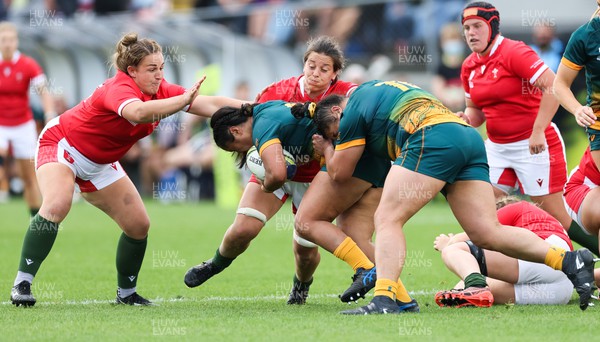 221022 - Australia v Wales, Women’s Rugby World Cup, Pool A - Siwan Lillicrap of Wales and Sioned Harries of Wales combine to halt the Australian attack