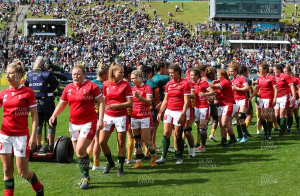 221022 - Australia v Wales, Women’s Rugby World Cup, Pool A - The Wales team shake hands with the Australian team at the end of the match
