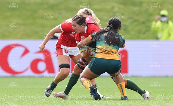 221022 - Australia v Wales, Women’s Rugby World Cup, Pool A - Georgia Evans of Wales is tackled by Tania Naden of Australia