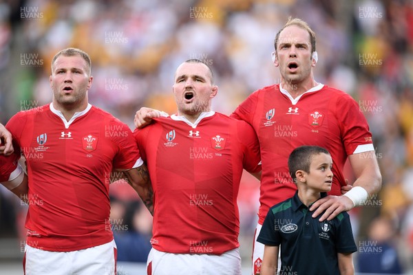 290919 - Australia v Wales - Rugby World Cup - Ross Moriarty, Ken Owens and Alun Wyn Jones of Wales sing the anthem