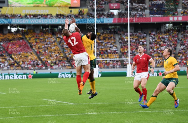 290919 - Australia v Wales - Rugby World Cup - Hadleigh Parkes of Wales gets the high ball touch down the opening try of the game