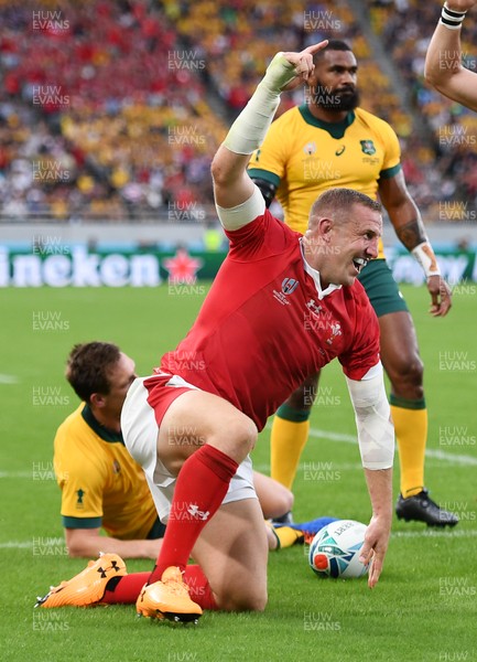 290919 - Australia v Wales - Rugby World Cup - Hadleigh Parkes of Wales celebrates scoring the opening try of the game