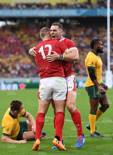 290919 - Australia v Wales - Rugby World Cup - Hadleigh Parkes of Wales celebrates with George North after scoring a try