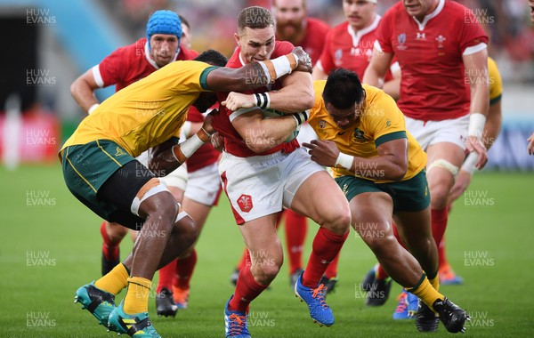 290919 - Australia v Wales - Rugby World Cup - George North of Wales is tackled by Isi Naisarani and Allan Alaalatoa of Australia