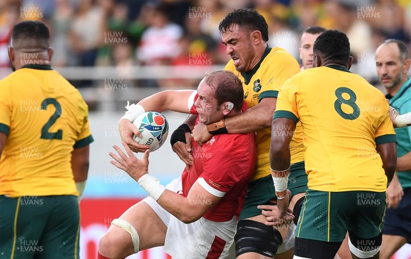 290919 - Australia v Wales - Rugby World Cup - Alun Wyn Jones of Wales is tackled by Rory Arnold of Australia